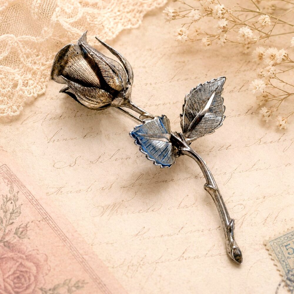 Vintage GIOVANNI Silver Tone Rose Pin Brooch